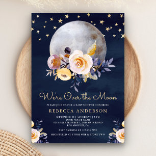 Invitación AzuL Naval Boho Floral Terroso Luna Baby Shower