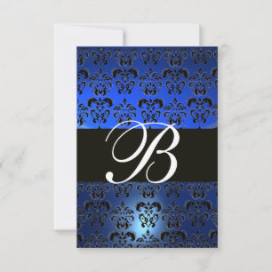 INVITACIÓN AZUL NEGRO BLANCO  DAMASCO MONOGRAMA RSVP