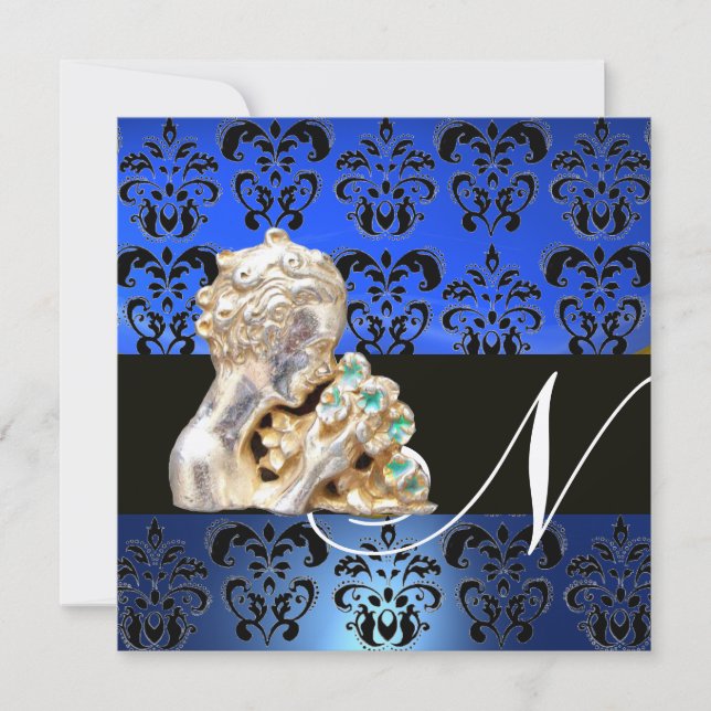 INVITACIÓN AZUL, NEGRO, BLANCO DAMASK JEWEL MONOGRAM (Anverso)