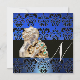 INVITACIÓN AZUL, NEGRO, BLANCO DAMASK JEWEL MONOGRAM
