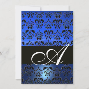 Invitación AZUL NEGRO DAMASCO MONOGRAMA ,blanco brillante