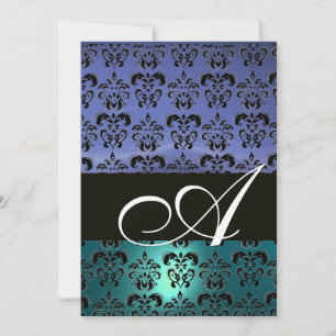 Invitación AZUL NEGRO  DAMASCO MONOGRAMA ,blanco brillante