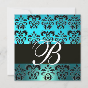 Invitación AZUL NEGRO  DAMASCO MONOGRAMA , blanco turquesa