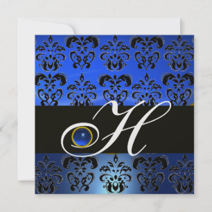 INVITACIÓN AZUL NEGRO DAMASCO MONOGRAMA ZAFIRO HIELO BLANCO