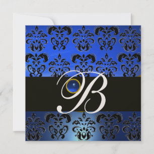 INVITACIÓN AZUL NEGRO DAMASCO MONOGRAMA ZAFIRO METÁLICO ORO