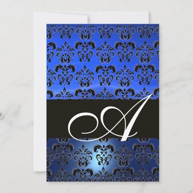 Invitación AZUL NEGRO DAMASK MONOGRAM ,blanco brillante (Anverso)