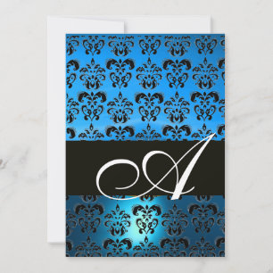 Invitación AZUL NEGRO DAMASK MONOGRAMA ,blanco brillante
