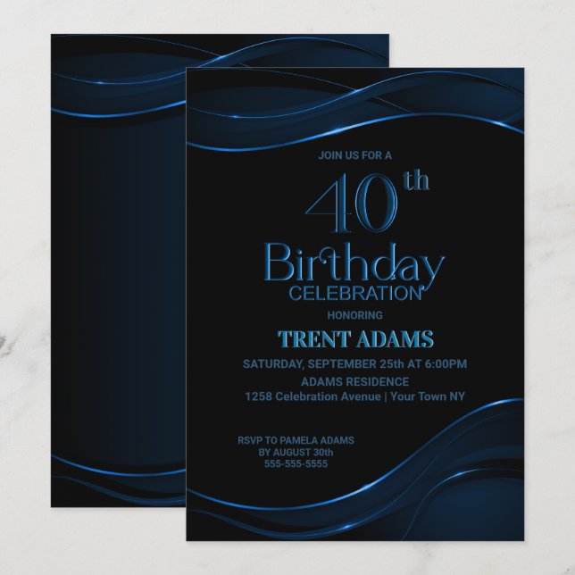 Invitación Azul negro moderno 40 Fiesta de cumpleaños (Anverso / Reverso)