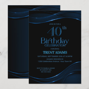 Invitación Azul negro moderno 40 Fiesta de cumpleaños