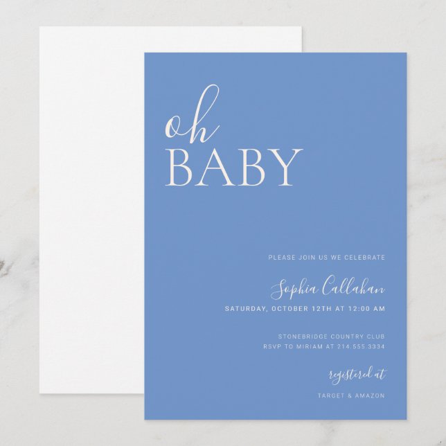 Invitación azul neutra de Baby Shower minimalista (Anverso / Reverso)