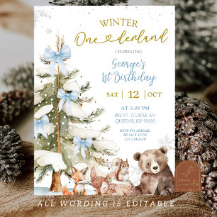 Invitación Azul Nieve Invierno Onederland Primer Cumpleaños