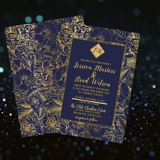 Invitación azul noche | Boda floral Gold Vintage (Dark Blue Faux Gold Foil Look Vintage Floral Wedding Monogram Invitation)