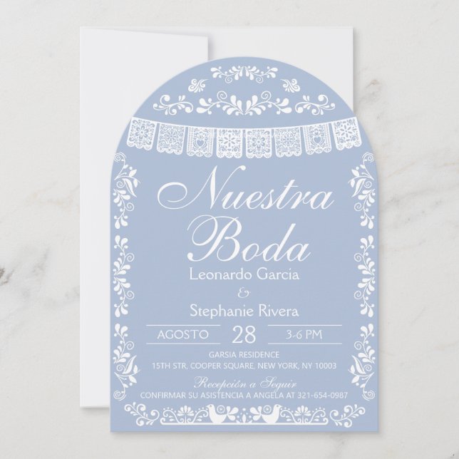 Invitación Azul Nuestra Boda Papel Picado Boda Española (Anverso)