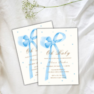 Invitación Azul Oh bebé Minimalista Polka Dot Bow Baby Shower