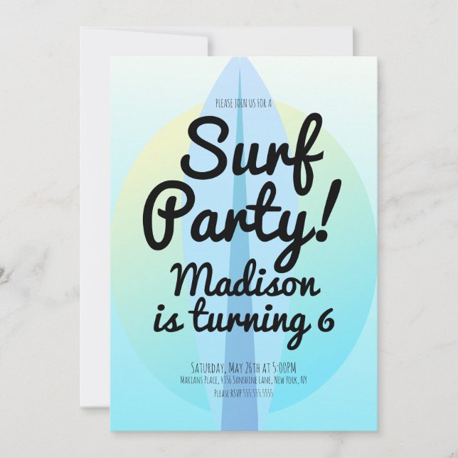 Invitación azul Ombre, Fiesta de surf en la playa (Anverso)