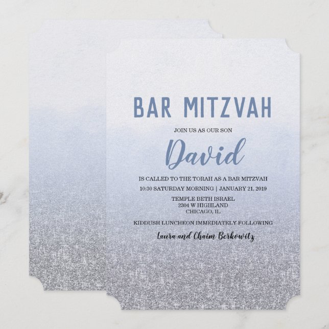 Invitación azul ombre para Bar Mitzvah (Anverso / Reverso)