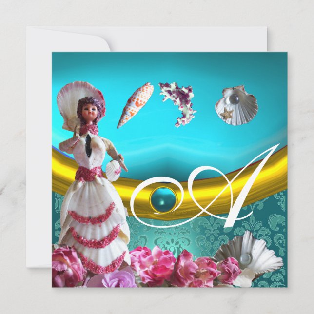 INVITACIÓN AZUL ORO AQUAMARINE DAMASK BEACH BODA MONOGRAM (Anverso)