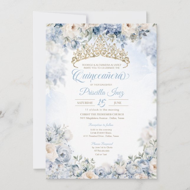 Invitación Azul Oro Elegante acuarela Floral Quinceañera (Anverso)