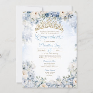 Invitación Azul Oro Elegante acuarela Floral Quinceañera