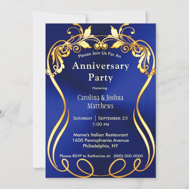 Invitación Azul Oro Elegante Aniversario (Anverso)