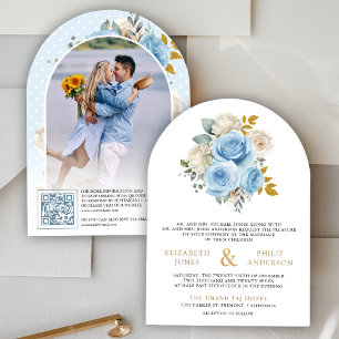 Invitación Azul Oro Marfil Floral Rosas Código QR Foto Boda