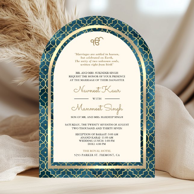 Invitación Azul Oro Marruecos Código QR Código Sikh Arch Boda (Subido por el creador)