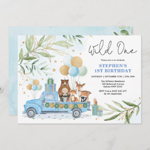 Invitación Azul Oro Verde Bosque Salvaje Un Primer Cumpleaños