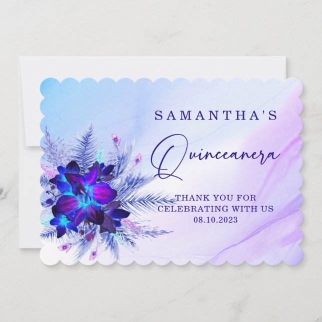 Invitación Azul Orquídea Quinceañera (Anverso)