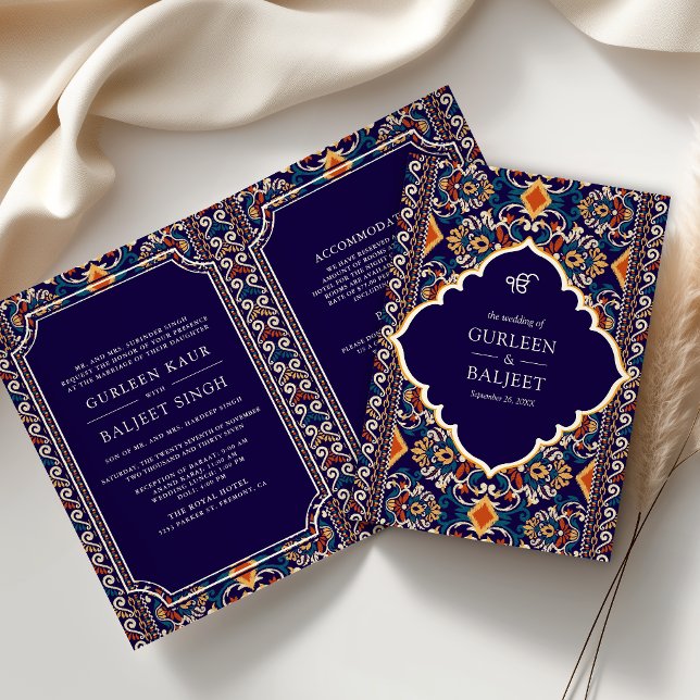 Invitación Azul Oscuro Amarillo Ikat Todo en Uno Boda Sikh (Subido por el creador)
