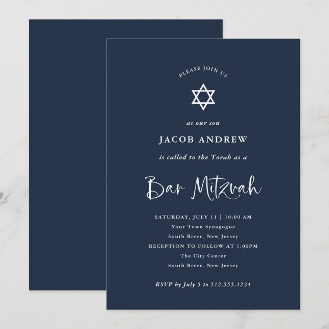 Invitación Azul oscuro con caligrafía blanca | Bar Mitzvah (Anverso / Reverso)