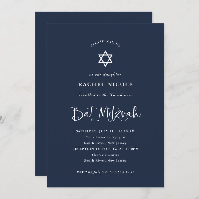 Invitación Azul oscuro con caligrafía blanca | Bat Mitzvah (Anverso / Reverso)
