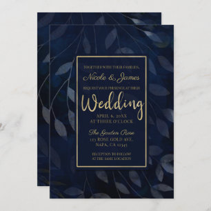 Invitación Azul oscuro hojas botánicas Boda de Moda moderna