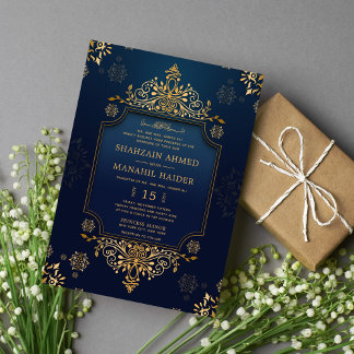 Invitación Azul oscuro real dorado floral elegante boda musul