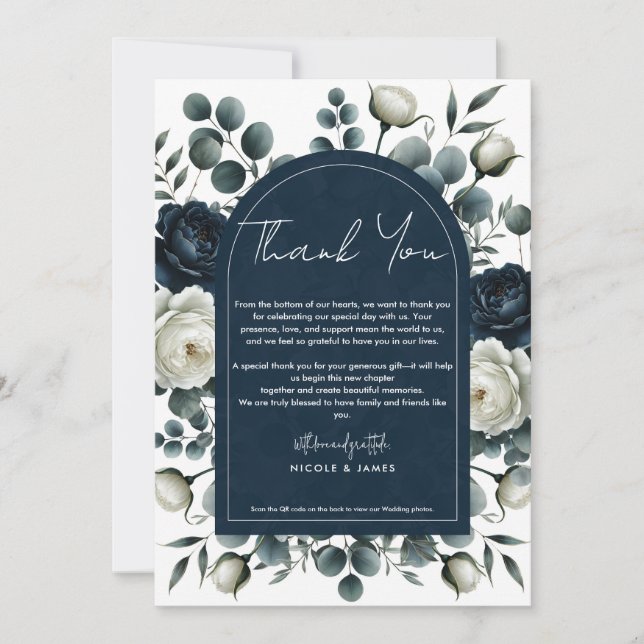Invitación Azul oscuro y blanco moderno floral verde boda (Anverso)