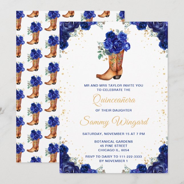 Invitación Azul oscuro y oro Floral Bota de vaca Quinceañera (Anverso / Reverso)