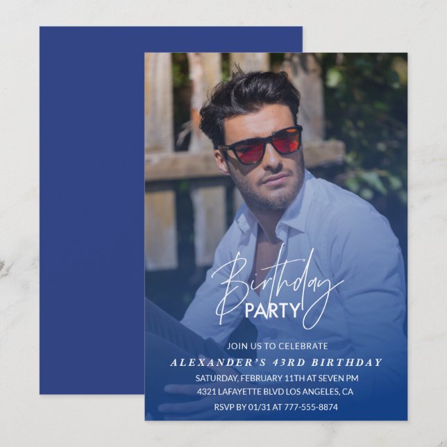 Invitación azul para 43 años fiesta de cumpleaños  (Anverso / Reverso)