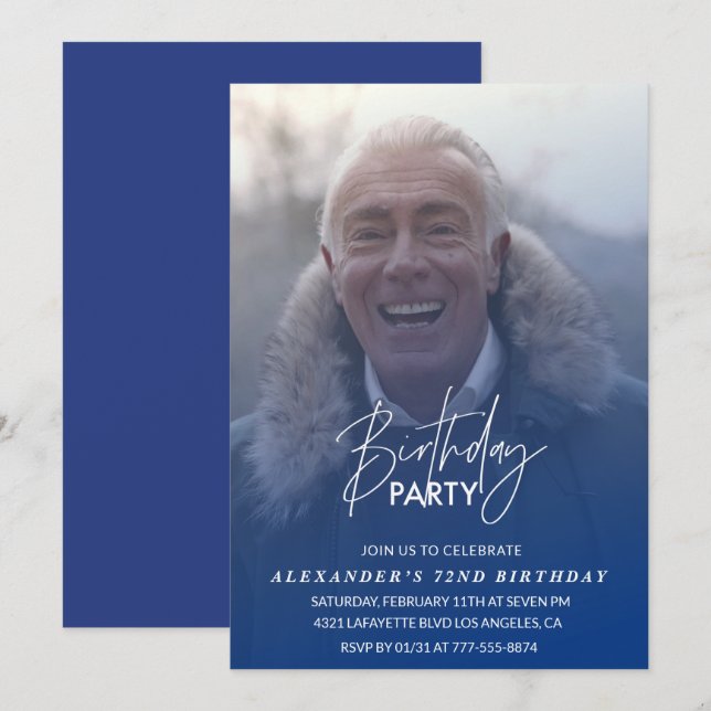 Invitación azul para 72 años fiesta de cumpleaños  (Anverso / Reverso)