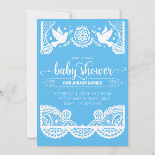 Invitación azul para baby shower con Papel Picado 