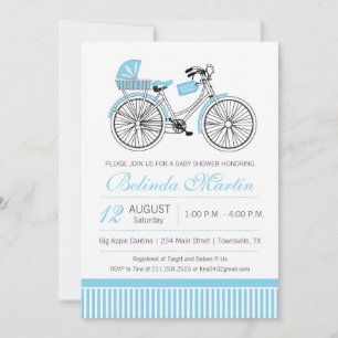 Invitación azul para baby shower de bicicleta