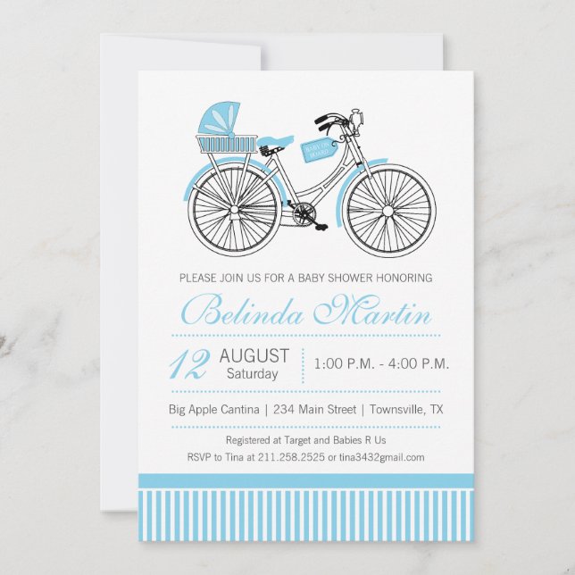 Invitación azul para baby shower de bicicleta (Anverso)