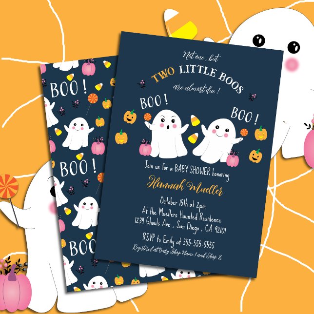 Invitación azul para baby shower de gemelos con te (Cute blue twin boys baby shower with a Halloween theme . )