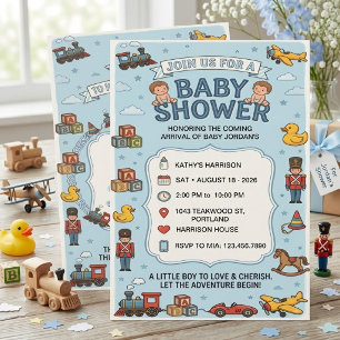 Invitación azul para baby shower Vintage Boy Toys