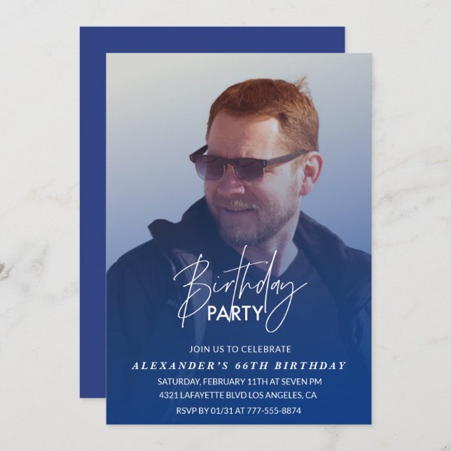 Invitación azul para el 66º cumpleaños fiesta de c (Anverso / Reverso)