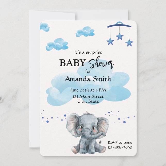Invitación azul para elefante lindo sorpresivo Bab (Anverso)