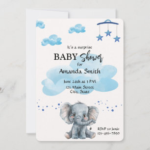 Invitación azul para elefante lindo sorpresivo Bab