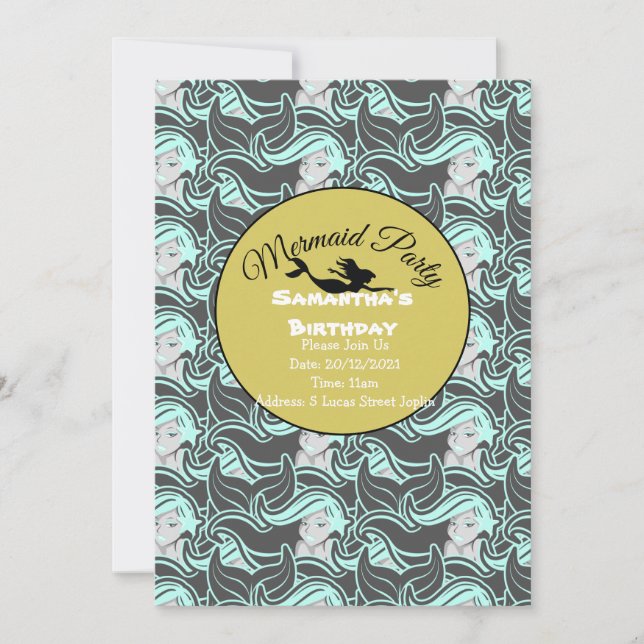 Invitación Azul para Fiesta de Sirena de Oro (Anverso)