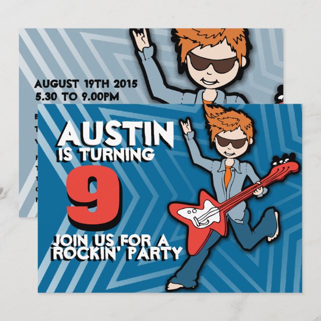 Invitación azul para niños rockstar niño 9º cumple (Anverso / Reverso)