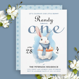 Invitación Azul Pastel Adorable Cumpleaños de algún conejito 