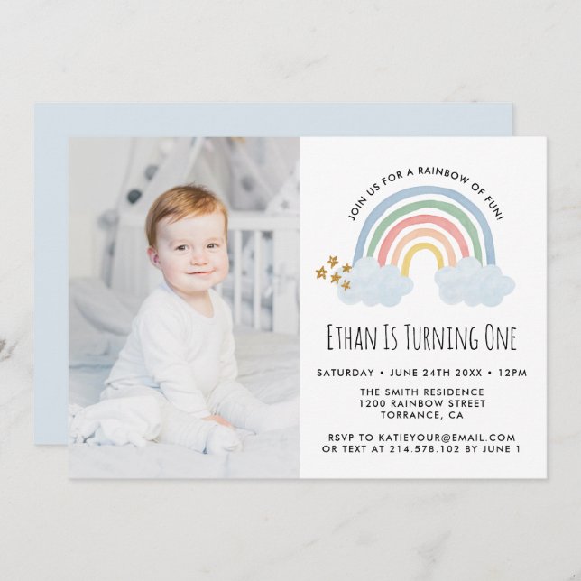Invitación Azul Pastel Arcoiris de divertida foto de cumpleañ (Anverso / Reverso)