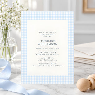 Invitación Azul Pastel de Cuadros Gingham Plaid Lindo Baby Sh